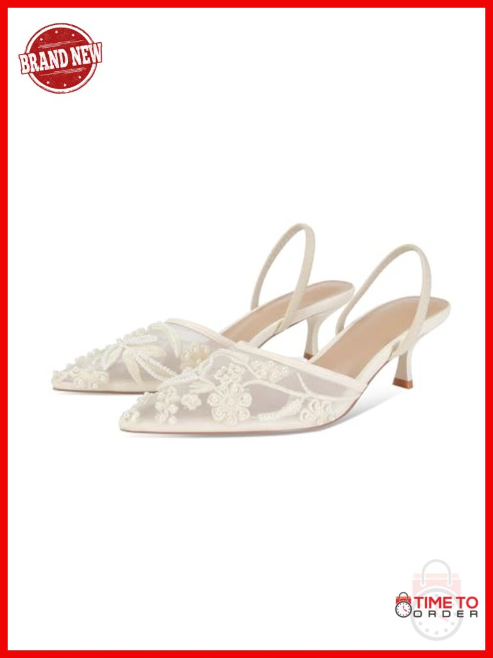 Embroidered Mesh Kitten Heel Slingback Sandals Pointed Toe Pearl Wedding